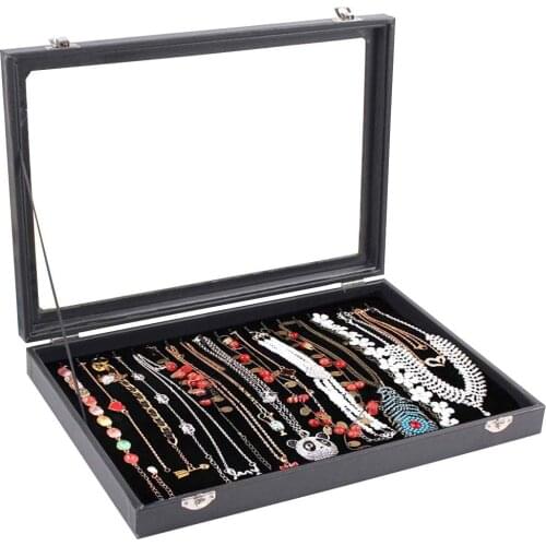 20 Hooks Necklace Tray Storage Box Jewelry Display Stackable Glass Top Lockable Black Velvet Boxes Necklace Holder Box With Lock