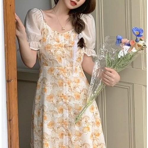 Korean Style French Short Sleeve Elegant Sundresses for Women Summer 2021 Casual Midi Vintage Floral Dress Females Party Sweet