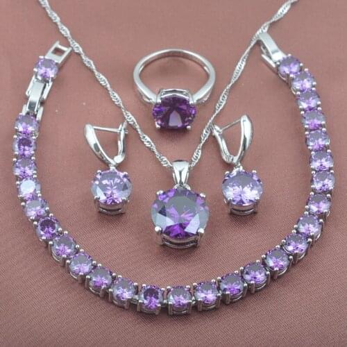 Round Purple Crystal Jewelry Set For Women Party Jewelry Silver Color Earring Necklace Pendant Ring Bracelet Sets YZ0223