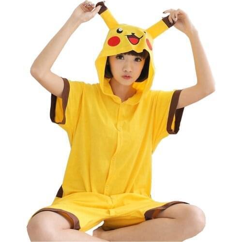 Summer Animals Kigurumi Yellow Costume Adult Girl Kids Onesie Cotton Women Anime Short Sleeve Hooded Jumpsuit Disguise Pajamas