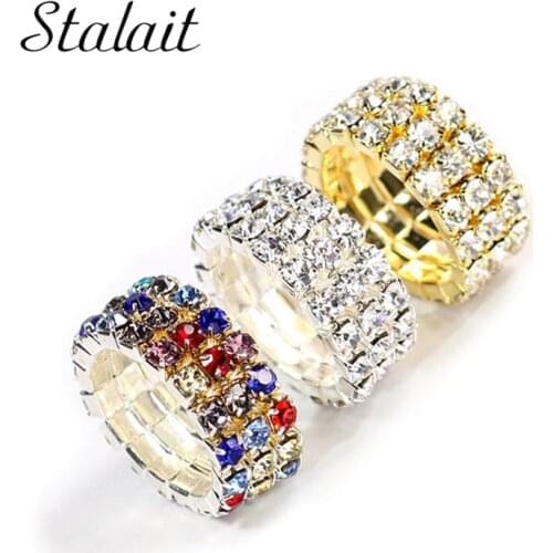 Fashion Silver Color Elastic Inlay Rhinestone 1-3 Row Rings For Women Adjustable Multi Color Crystal Elastic Rings Gifts Jewelry