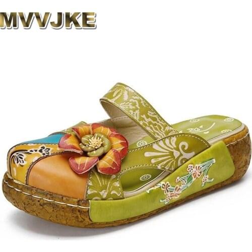 MVVJKE Flower slippers real leather shoes handmade slides flip flops on platform clogs for women woman plus size slippers