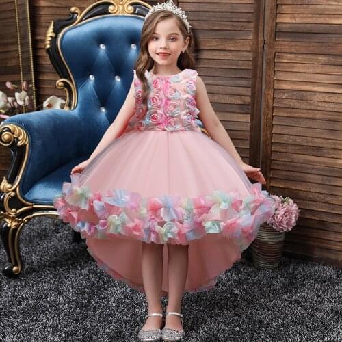 New Design Kids Dress For Teenage Girls Evening Wedding Party Tail Elegant Princess Sleeveless Floral Dress Children’s Clothing