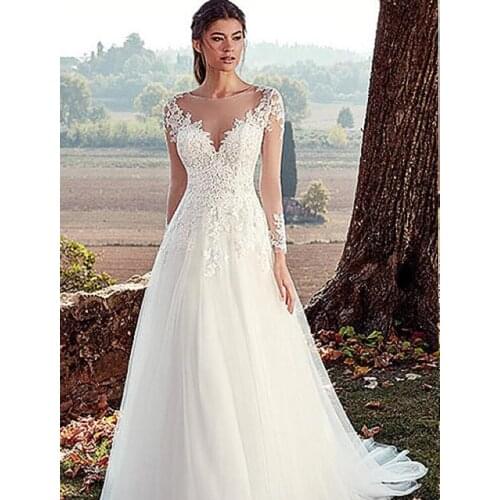 Elegant A-line Wedding Dresses Long Sleeves Lace Appliques Tulle Princess Country Boho Jewel Neckline Beach Bridal Gown 2021 New