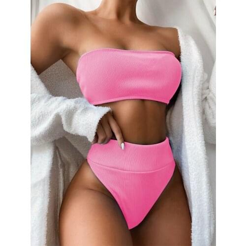 Beachwear brazil bathing suit ladies two piece swimwear black Solid set 2021 sexy strapless high waist swimming suit for women