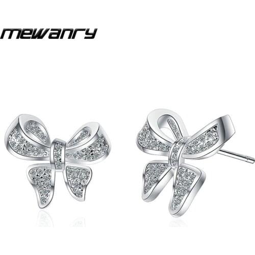 Mewanry Prevent Allergy 925 Sterling Silver Stud Earrings for Women New Trend Simple Bow Zircon Bride Jewelry Party Accessories