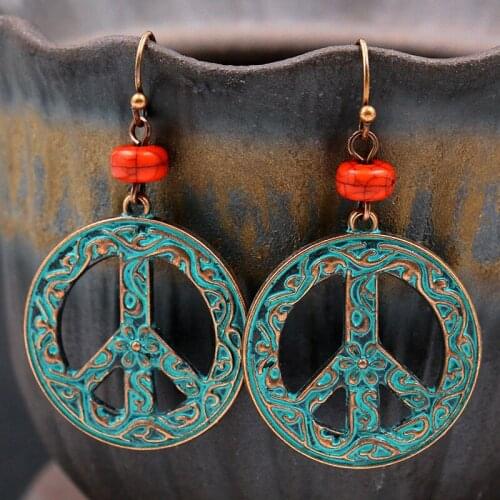 Vintage Bronze Hollow Round Stone Beads Indian Earrings for Women Handmade Boho Alloy Carved Peace Symbol Dangle Earring Jewelry