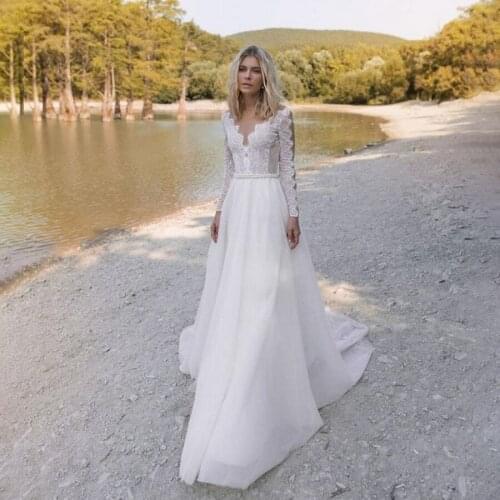 France Lace Long Sleeves Nude Wedding Dress Elegant Beading Belt Beach Bridal Dress vestido de festa de casamento