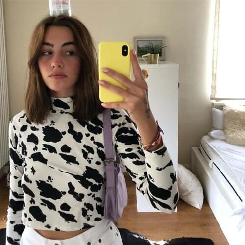 Women Milk Cow Pattern Print Crop Tops Vintage Sexy Long Sleeve Slim Fit Holiday Fashion Casual Short T Shirts Streetwear