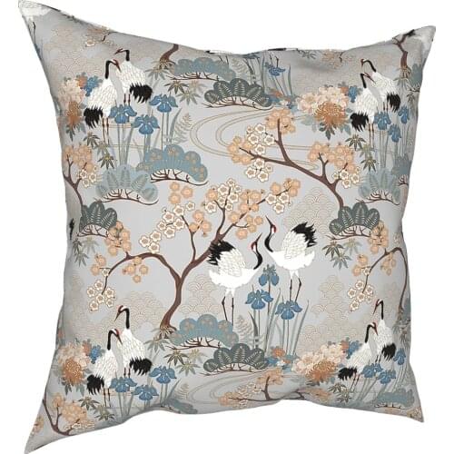 Japanese Garden Gray Pillow Case Home Decorative Japan Crane Cushions Throw Pillow for Sofa Polyester Double-sided Printing