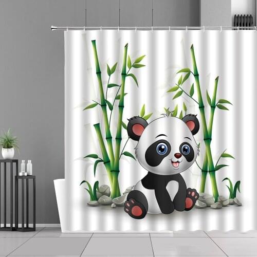 Cartoon Panda Shower Curtain Cute Animals Pandas Green Bamboo Plants Print Bath Curtains Children Room Bathroom Decor Waterproof
