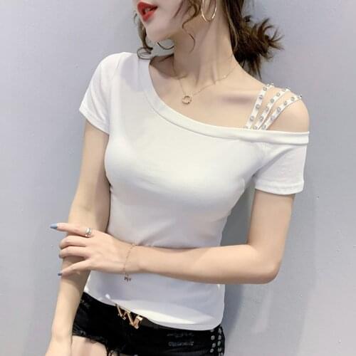 Women clothing Harajuku One Shoulder Short Sleeve T-shirt 2021 Summer New Chic Fashion Clothes Black Sexy Diamond t shirt yellow