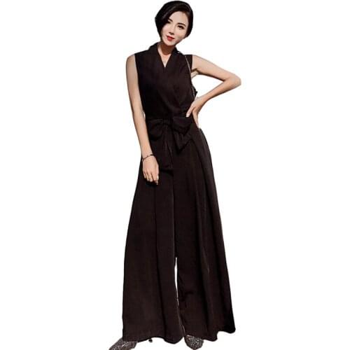 Women V-neck Jumpsuits Elegant Ladies Black Party Wide Leg Jumpsuits Casual Office Lady Bow belt Playsuits