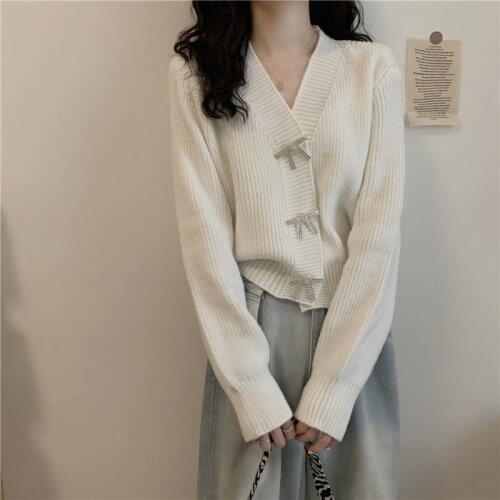 Womens Cardigan Sweater 2021 Spring And Autumn New V-neck Bow Button Button Fashion Long-sleeved Sweater Tops y2k Genshin Mpact