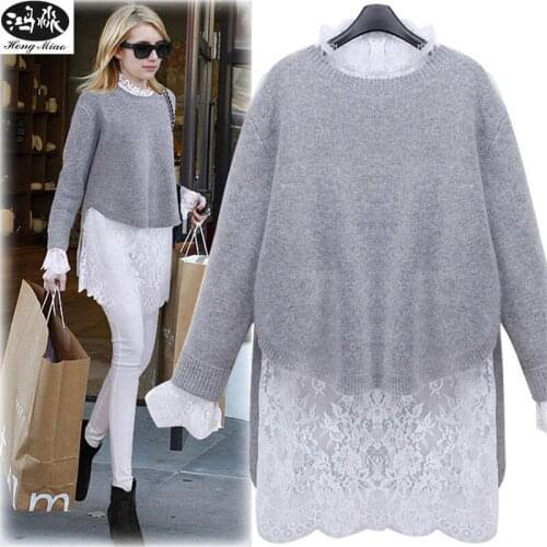 Women Sweaters 2018 New Autumn Irregular Knitting Sweaters Long Sleeve Sweater Female Cute Lace Patchwork 2 Pieces Sets Sweater