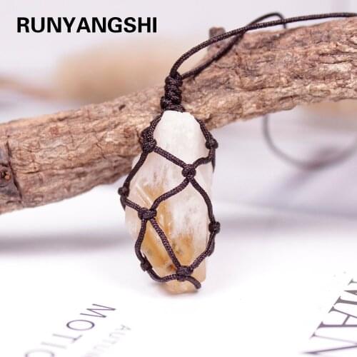 1Pcs Natural Quartz Crystal Stone citrine Treatment Stone Ornament Fluorite Pendant With Hand-woven Rope
