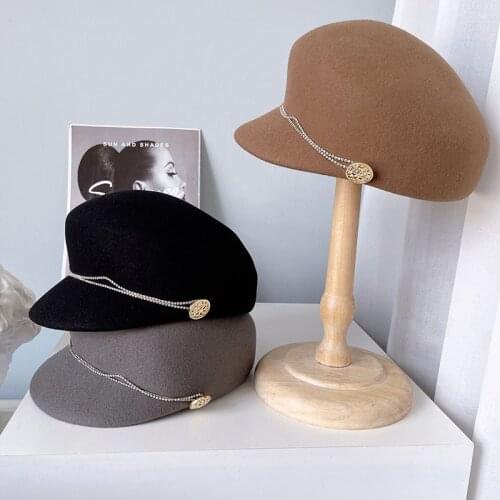 2021 Australian Wool Casual Hat Women Winter Warm Pure Wool Cap With Rhinestone Chain Decoration Retro Military Cap Newsboy Hat