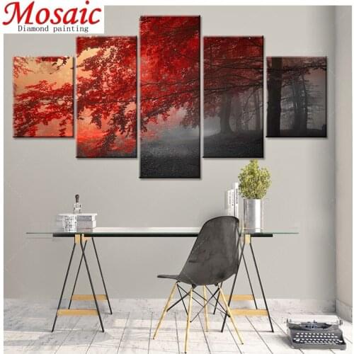 5 Pieces Forest Red Tree Art Scenery 5d Diamond Painting Landscape full square round resin Crystal diamond mosaic drill