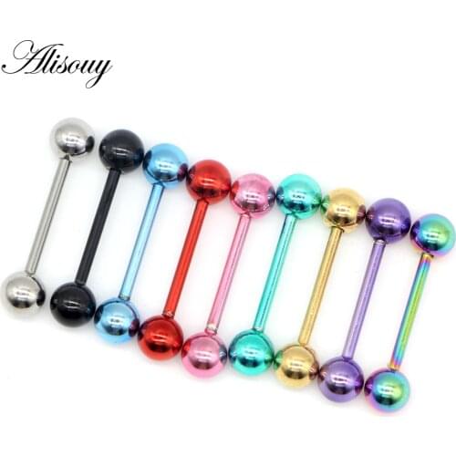 Alisouy 1 PC 14G 9 Colors Tongue Piercing Septum ear Cartilage nailTunnels Ear Plugs labret lip Body piercing Jewelry 1.6*16*6mm