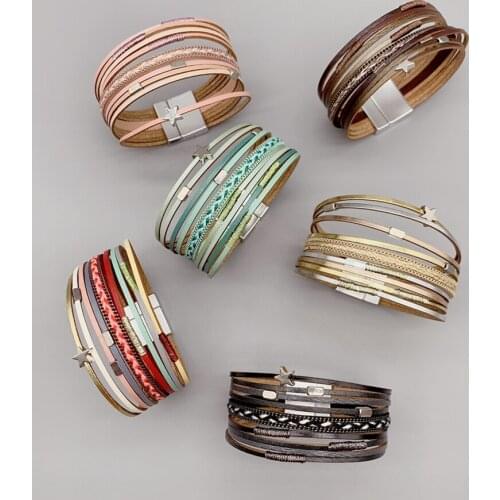 FoLisaUnique 9 Strands Real Leather Bracelet For Women Girls Casual Trendy Magnet Clasp Jewelry Silver Square Star Beads 19cm