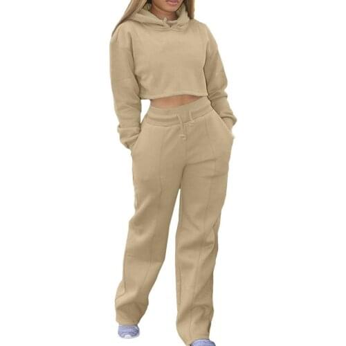 Women Pant Sets Solid Color Casual Pants Suit Hooded Wide Legs Drawstring Stylish Crop Top Pants Hoodie Suit Autumn