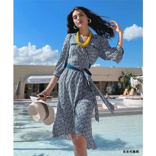 Designers Contrast Blue/White Geometric Print Rayon Crepe De Chine Midi Belt Wrap Dress Elegant Lantern Sleeve A-Line Daily Gown