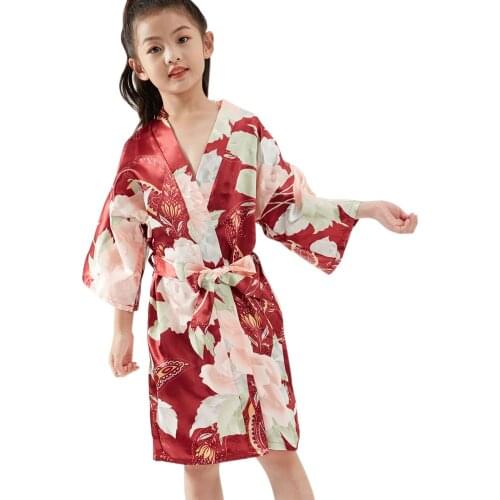 Girls' Peony Print Satin Robe Bathrobe Sleepwear for Spa Party Birthday Wedding Red Robe Bathrobe Short