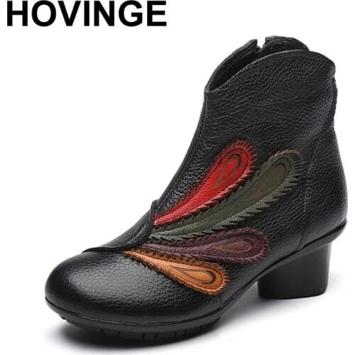 HOVINGE Brand 2018 Winter Women Genuine Leather Boots Female Folk Style Comfortable Warm Shoes Woman Ankle Boots Sapato Feminino