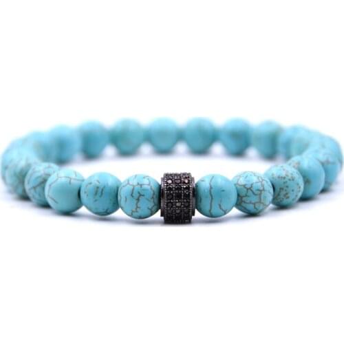 HYHONEY Micro Pave CZ Cylinder Charms Bracelet Lava stone 8mm beads Bracelets & Bangles Men Jewelry gifts