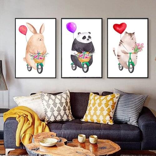 Ins Cartoon Animal Panda Ballon Cycling Decorative Canvas Painting Living Room Bedroom Sofa Background Wall Paintings Oil