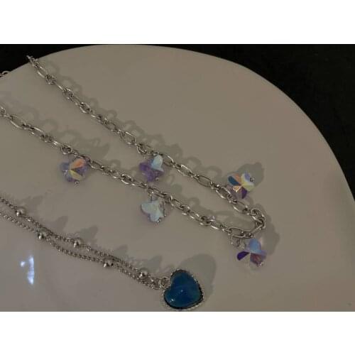 Korean Charms Butterfly Clavicle Chain Crystal Necklaces for Women Metal Vintage Y2K Choker Necklace 90s Style Aesthetics Friend