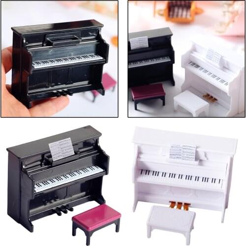 Dollhouse Miniature Piano with Stool Musical Instrument Pretend Play 12th Doll House Furniture Life Scene Toys