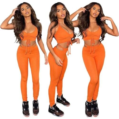 Summer New Womens Fashion Sexy Sling Folds Solid Color Casual Two-Piece Suit