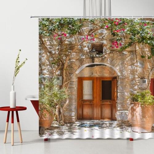 Summer Wooden Door Shower Curtains Retro Gate Green Plant Flower Garden Doors Curtain Bathroom Decor Screen Home Hanging Cloth