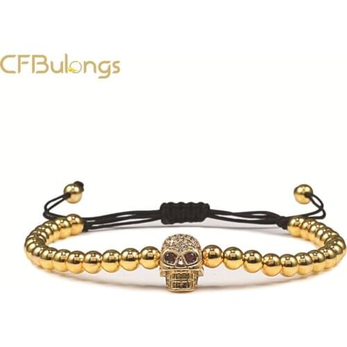 CFBulongs Fashion New Gold Hand-woven Adjustable Mens Bracelet Luxury 5mm Copper Bead Skull Elastic Bracelet Beaded Jewelry