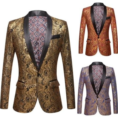 Mens gold plated black collar suit Set Wedding Gold Floral Pattern Slim Fit Party Prom Dress Tuxedo Singers Costume jacket