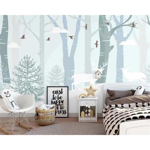 Custom wallpaper Nordic hand-painted small fresh woods elk flying bird childrens room background wall 3d wallpaper mural