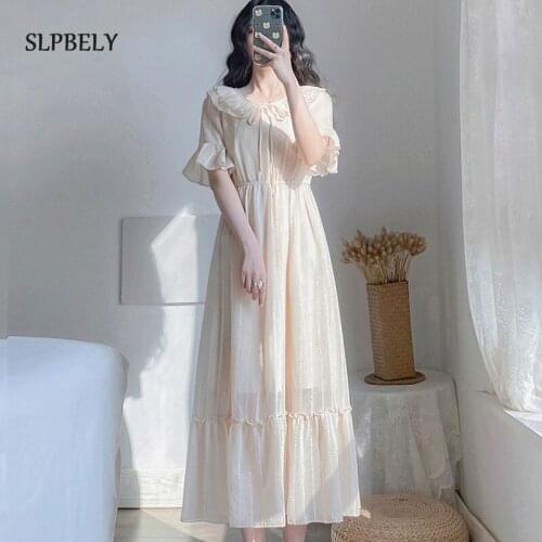 SLPBELY Women Elegant Lace Dress French Solid Short Sleeve Fairy Party Dress Sweet Doll Collar Dress Clothing Female Vestido New