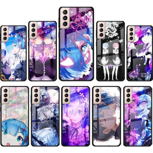 Anime RE ZERO Ram Rem for Samsung Galaxy S21 Ultra Plus A72 A52 4G 5G M51 M31 M21 Luxury Tempered Glass Phone Case Cover