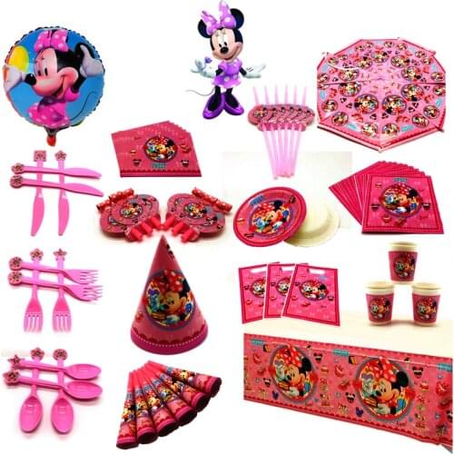 Pink Cartoon Minnie Mouse Birthday Wedding Party Decorations Supplies Disposable Cup Straw Napkin Plate Children Shower Party