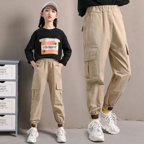 Girls Cargo Pants Spring Autumn 2020 New Arrival Clothes Kids Fashion Khaki Colour Cargo Pants Childrens Clothing Running Pants