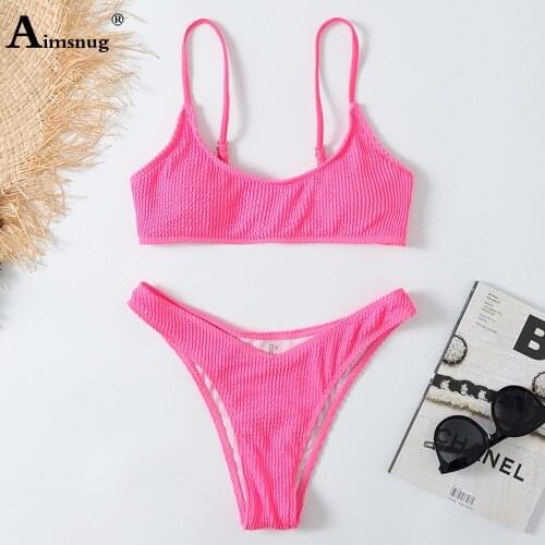Women Solid Pink Bikini Set Hawaii Two Pieces Swimwear Fashion Knitted Swimsuits Push Up 2PCS Outfits Sexy Femme Clothing 2021