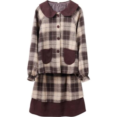 2018 Autumn Cute Girls Coffee Plaid Checks Cute Winter 2pcs Womens Set Long Sleeve Jacket Coat & Plaid Check Mini Skirt