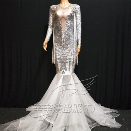 2020 Summer Women New Sparkly Stones White Mesh Long Dress Birthday Party Celebrate Slim Dress Dance Net Yarn Trailing Dress