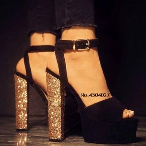 Gold Silver Sequined Chunky Heels Black Suede Patchwork Platform Sandals Buckle Strap Bling Bling Wedding Shoes