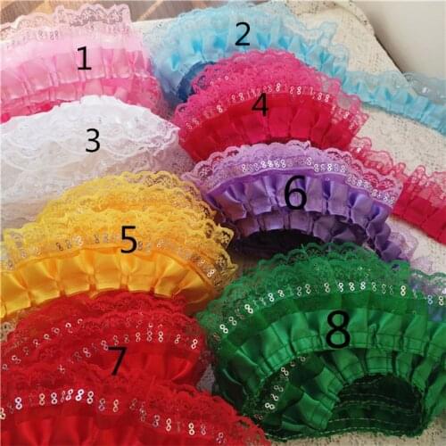 10M Pink Red White Green Yellow Sequins Ruffled Lace Trim 2 Layers Mesh Lace For Bloomers, Doll, Tutu Dress