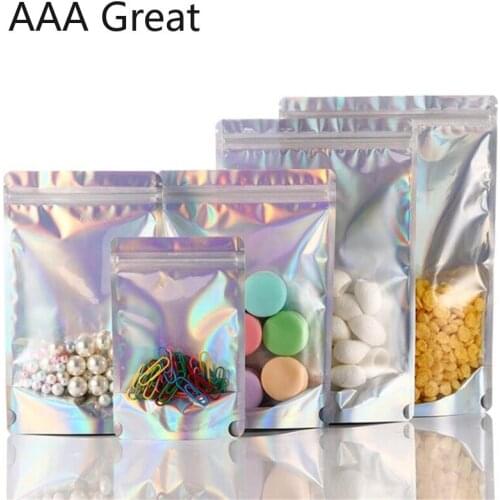 100Pcs/Lot Plastic Clear Zip Lock Bags Cosmetic Ziplock Packaging Bag Laser Aluminum Foil Self Seal Grocery Stand Up Pouches Bag