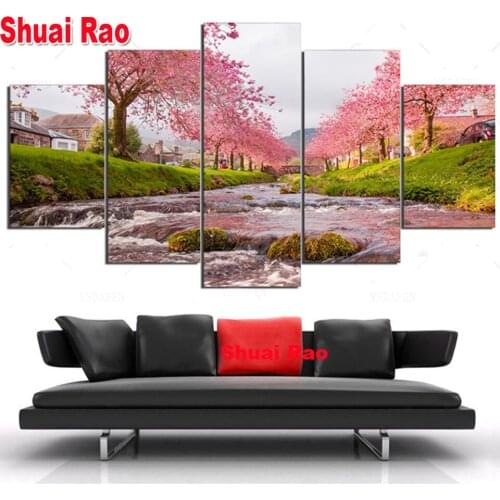 5 piece Sakura Creek Landscape,diamond painting,Multi-Picture,square,round.diamond embroidery,mosaic diamonds Wall Art