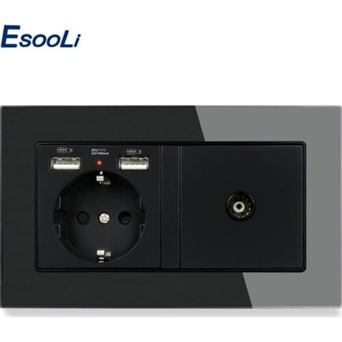 Esooli EU Standard Wall Socket 2 USB Charge Port With Hidden Soft LED + Female TV Connector Tempered Glass Frame