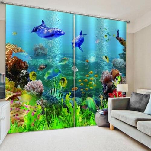 Photo Blackout Window Drapes Luxury 3D Curtains For Living roomblue ocean dolphin curtains Decoration curtains